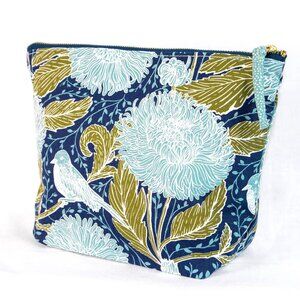 Floral Bird Natural Canvas Zipper Pouch • Blue Botanical Print • NWOT